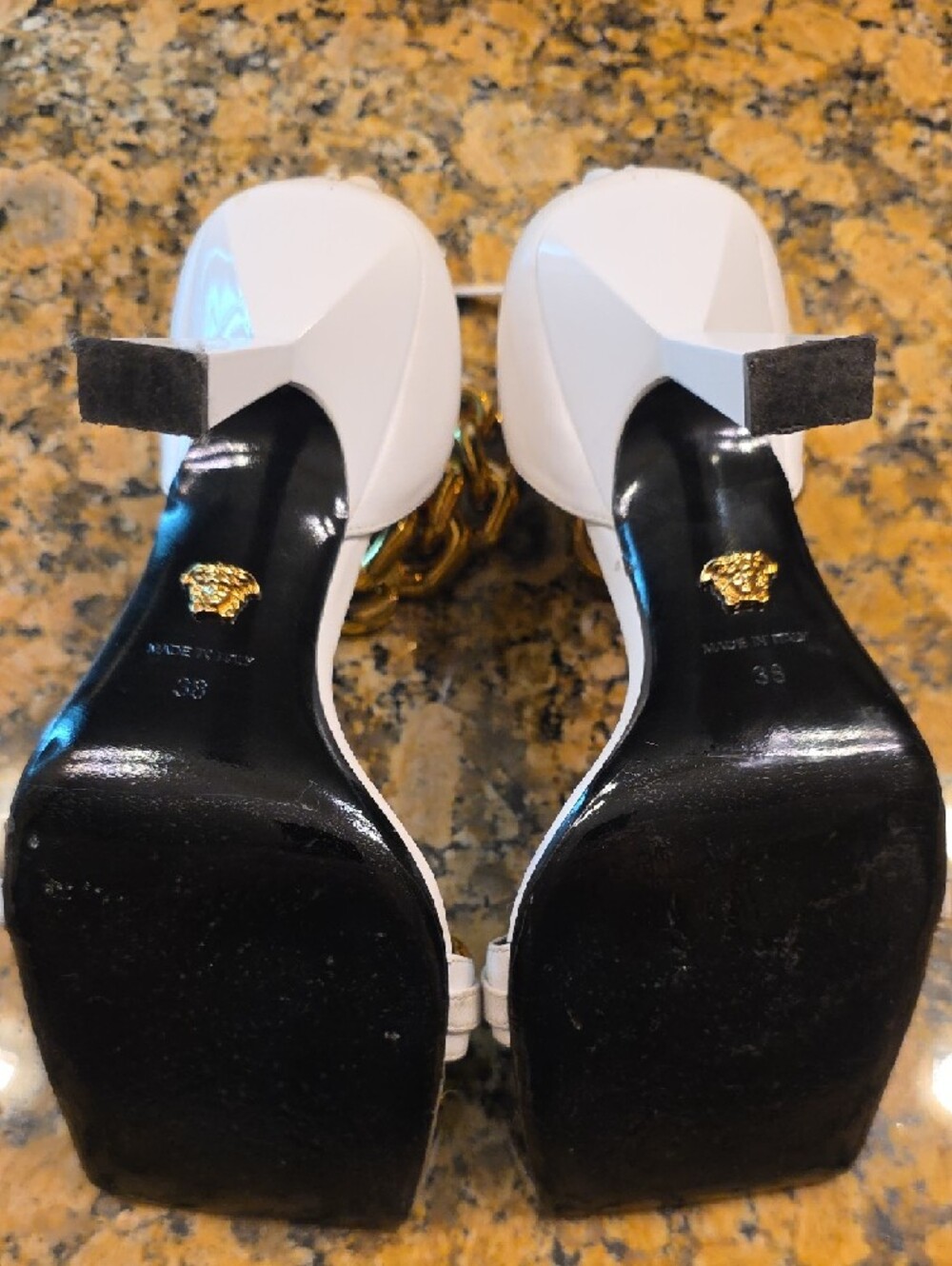 Versace White Heeled Sandals with Gold Chain Accents - Picture 8 of 12